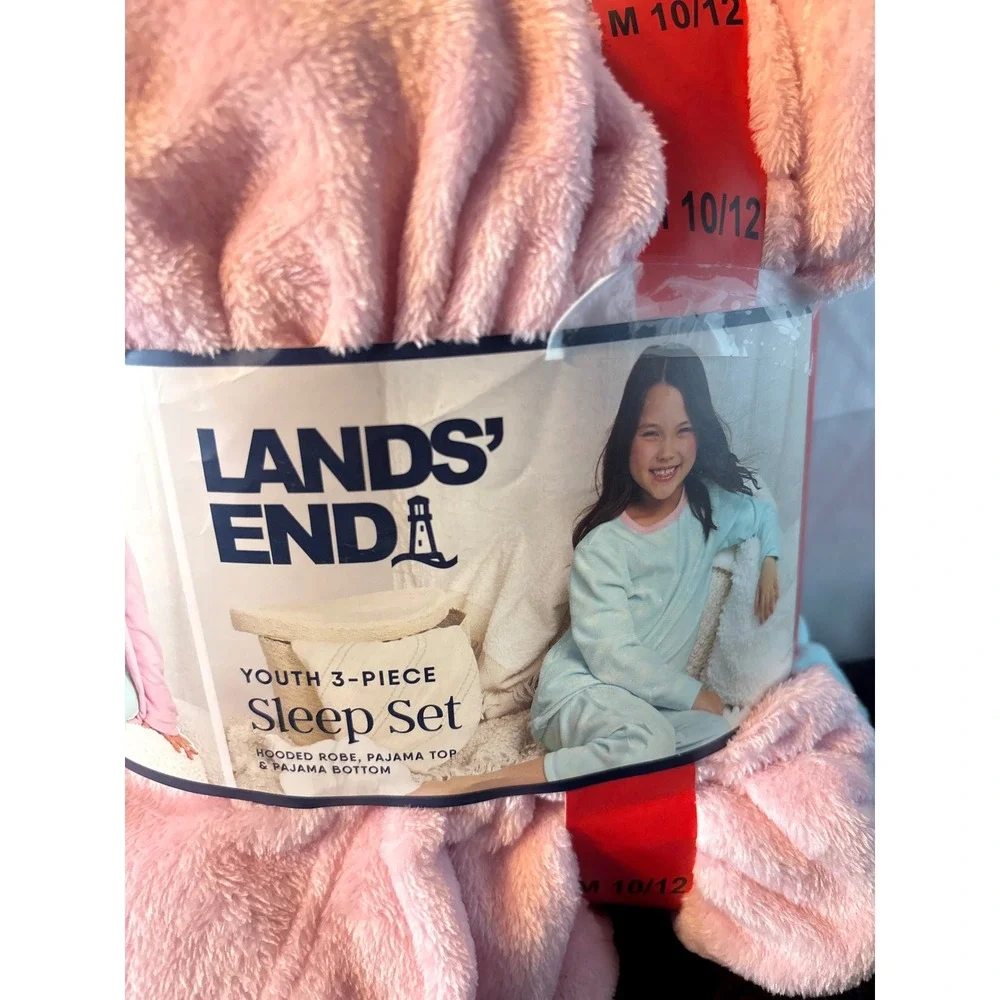 Lands End Youth 3-Piece Sleep Set Pink Hooded Robe Blue Pajamas‎ M 10/12 NEW